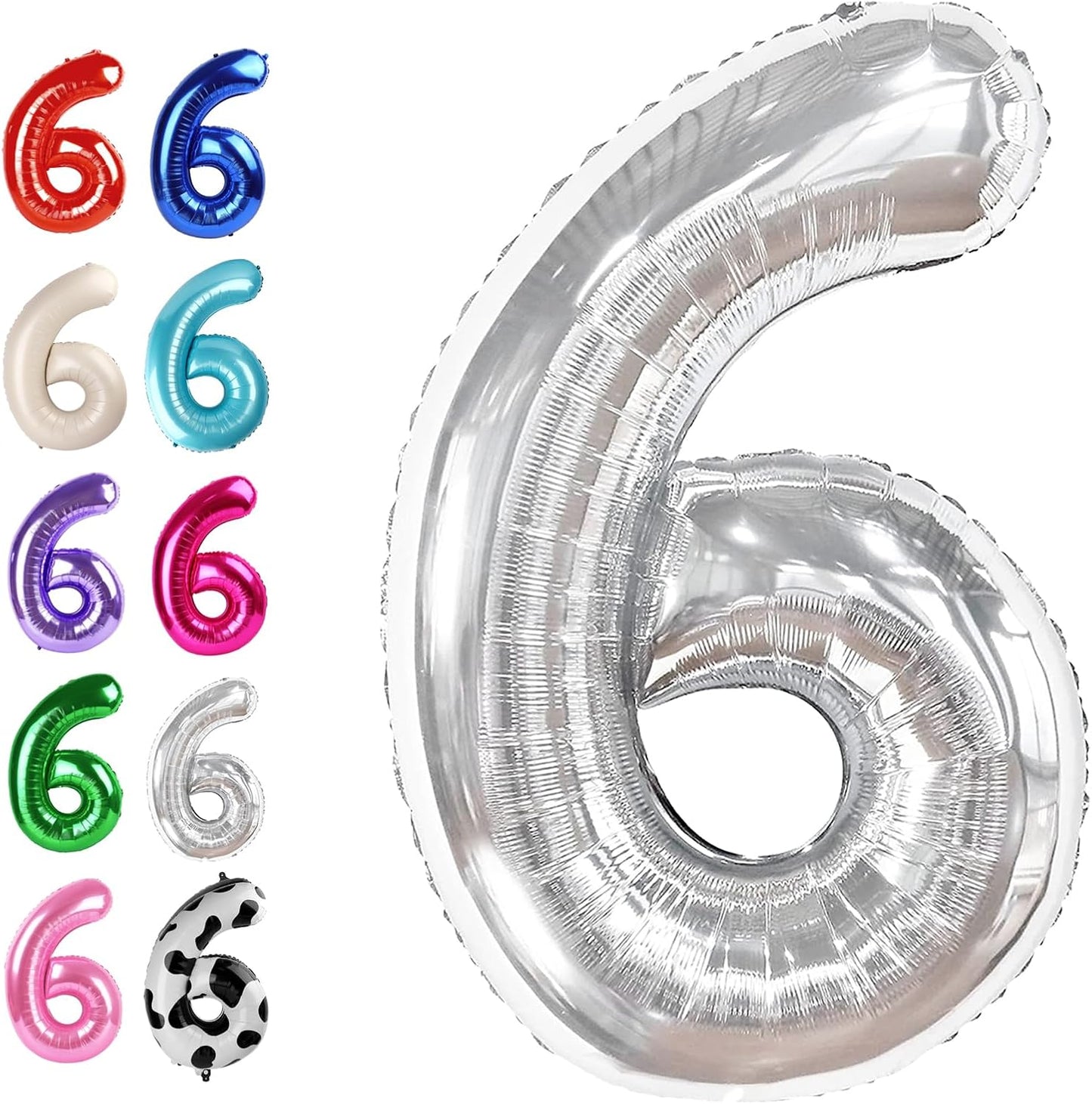 40 Inch Silver Mylar Foil Number 6 Birthday Balloon, Digital Balloons for 6 16 Boy Girl Party Decorations Supplies, Big Helium Balloon Numbers for 26 36 46 60 Men Women Anniversary