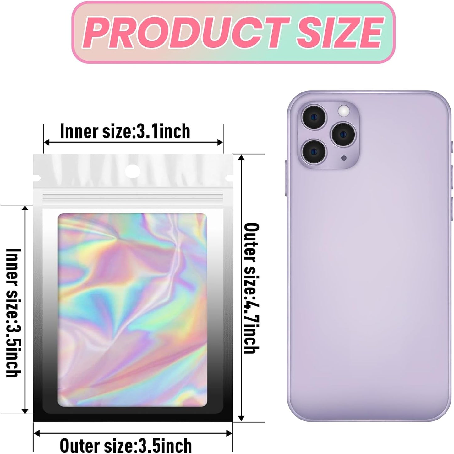 Funfery 100 Pack Gradient Holographic Bags,Resealable Bags with Zipper,Clear Window Packaging Pouchs,Foil Bag for Food Storage,Small Business,Sample Jewelry Bag(3.5×4.7In,White Black)