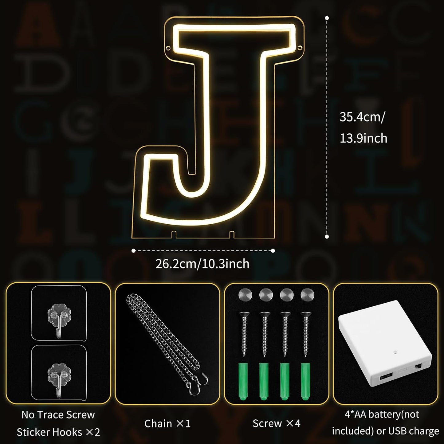 Light Up Letters J, Led Marquee Letter Lights Neon Sign, 13.9" Height Decorative Lighted Alphabet Number, Battery/USB Powered Led Letters Lights for Wedding, Birthday, Party, Christmas or Home Decor