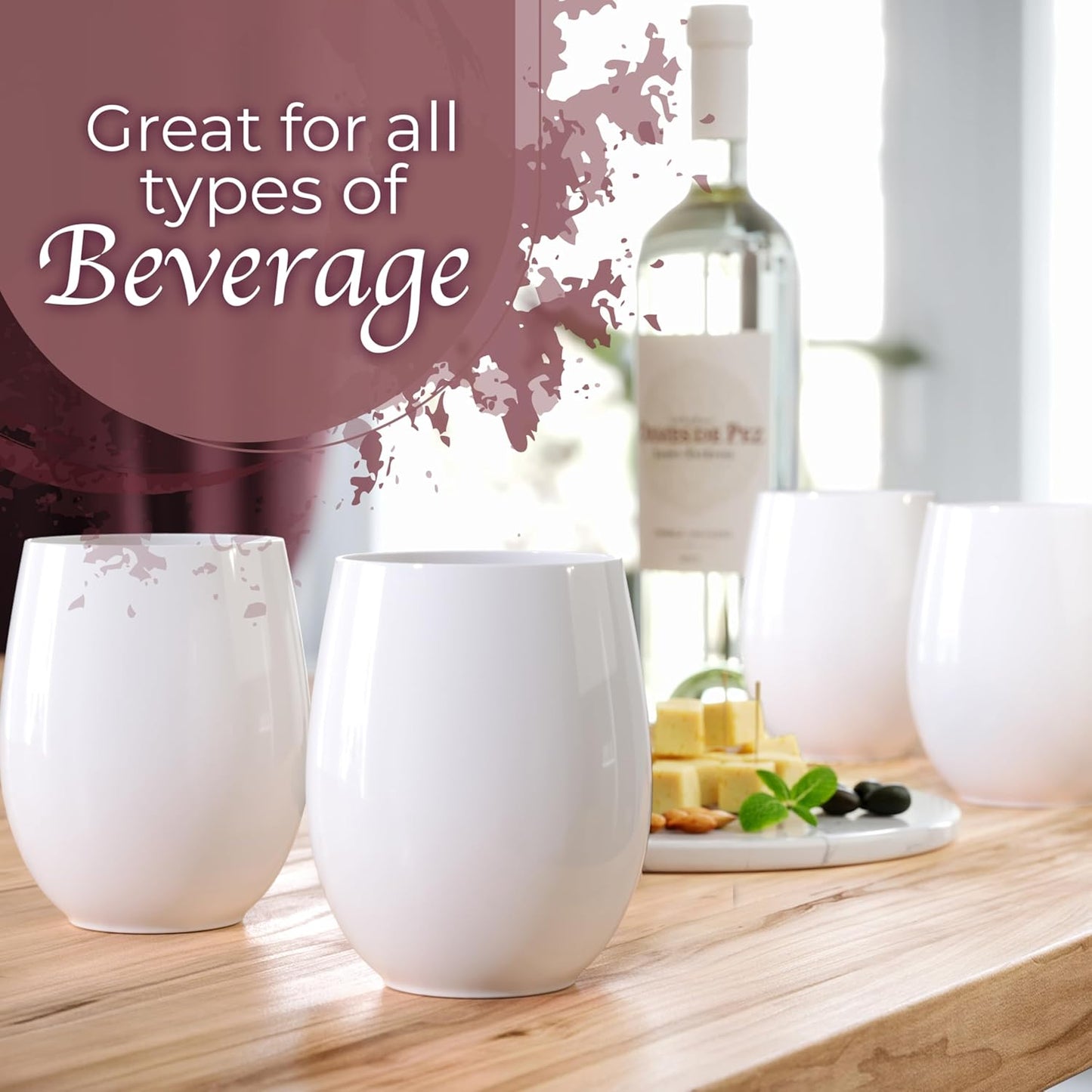 Exquisite 24 Pcs Unbreakable Stemless Plastic Wine Glasses Disposable Wine Glasses Stemless 12 Oz White Plastic Cocktail Cups White Party Cups Disposable Cocktail Glass Weddings & Events