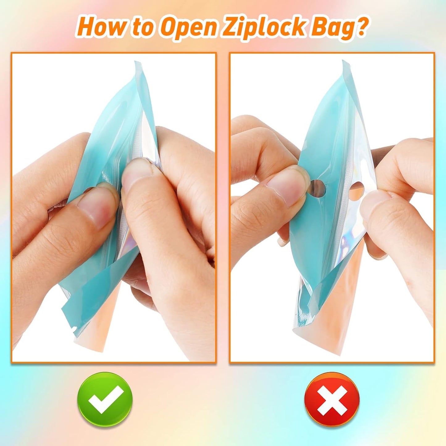 Funfery 100 Pack Gradient Holographic Bags,Mylar Resealable Bag with Zipper,Clear Window Packaging Pouch,Smell Proof Foil Bag for Food Storage,Sample Jewelry Baggies(6.3x9.4In,Blue Orange)