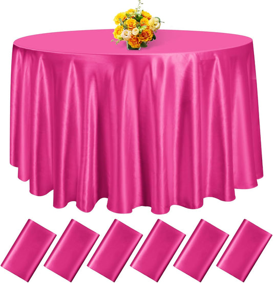 fani 6 Pack 120 Inch Hot Pink Satin Tablecloth - Silky Round Tablecloth Overlay Smooth Fabric Table Cover, Bright Table Decoration for Wedding Party Banquet Events Restaurant Kitchen Dining
