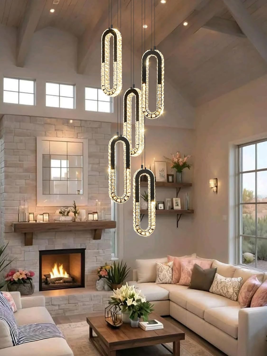 5 Rings Crystal Chandeliers for Staircase Large Pendants Light Fixture Black High Ceiling Chandelier for Entryway Bedroom Foyer 2700K-6000K