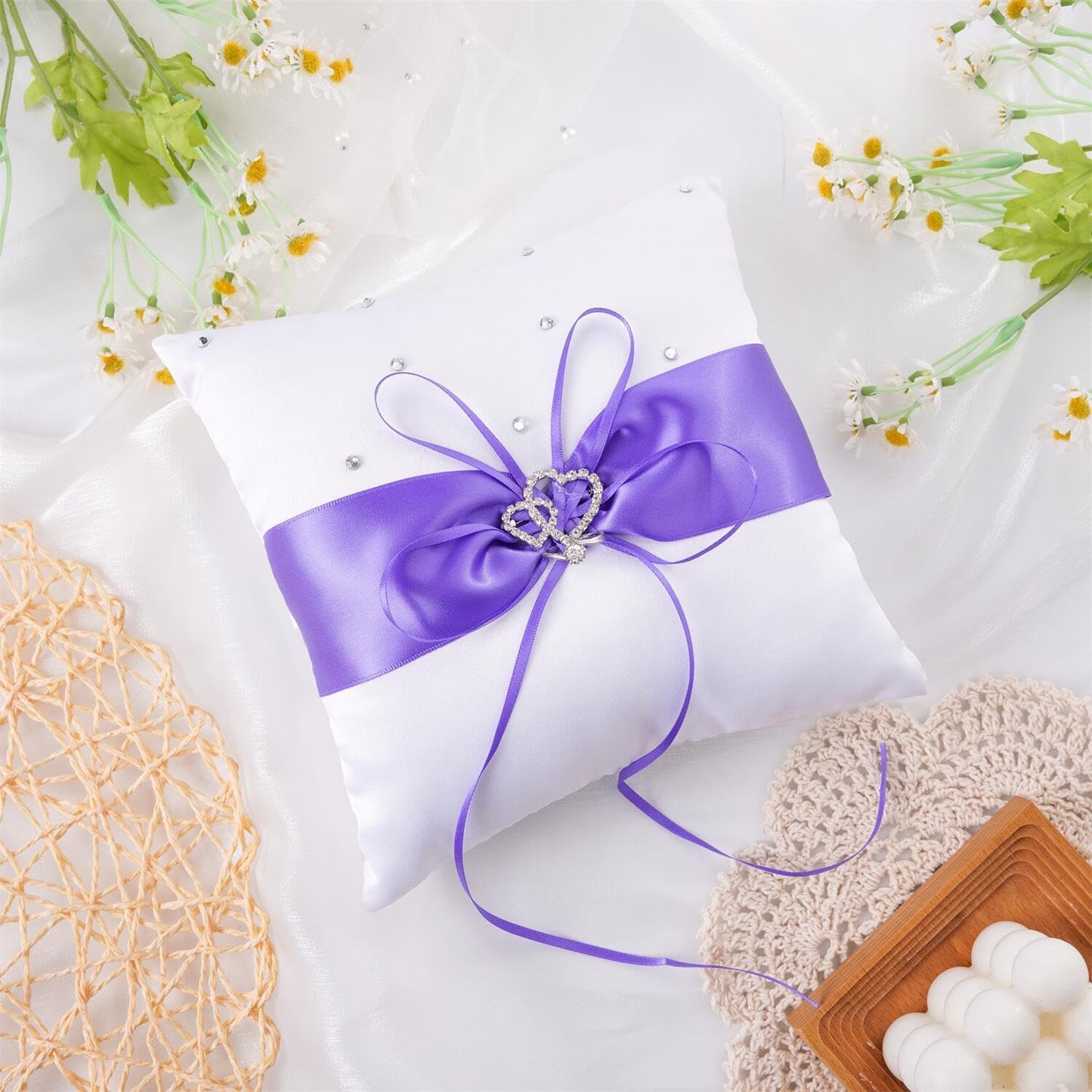 QIRMIZI Ring Pillow,Pearls Ring Cushion, Ring Bearer, Ring Holder for Beach Wedding, Wedding Ceremony, Proposal,Purple