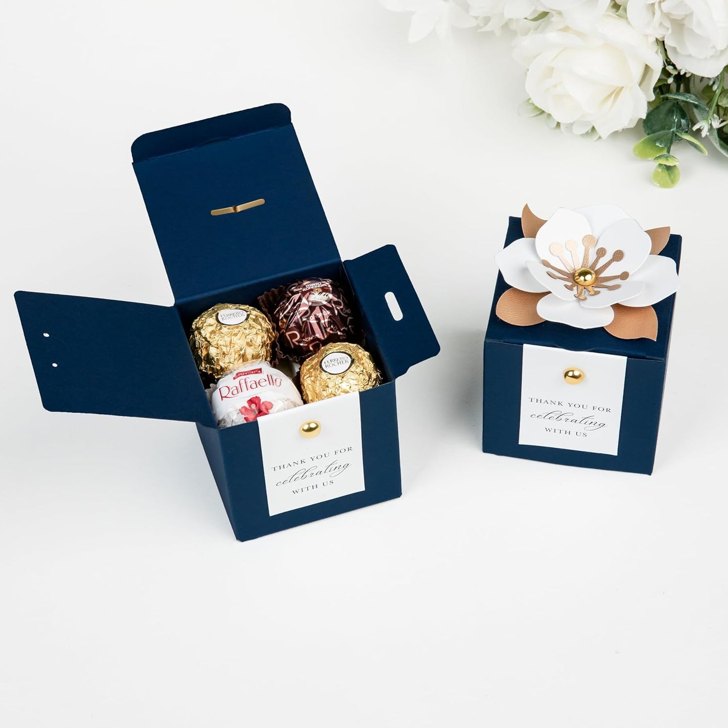 FEIYI 20 PCS Candy Boxes, 3 In 1 Navy Blue Favor Boxes with Floral Decor, White Thank You Tags Gift wrapping for Wedding Birthday Baby Shower Decorations Party -2.55x2.55x2.55''