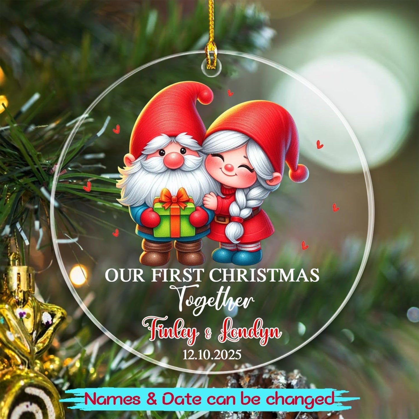 Personalized Our First Christmas Together Ornaments, 1st Christmas Together Ornament Gift for Mr & Mrs Newlyweds Bride & Groom, Customized Date & Names Couple Engaged Gnome Ornament for Anniversary