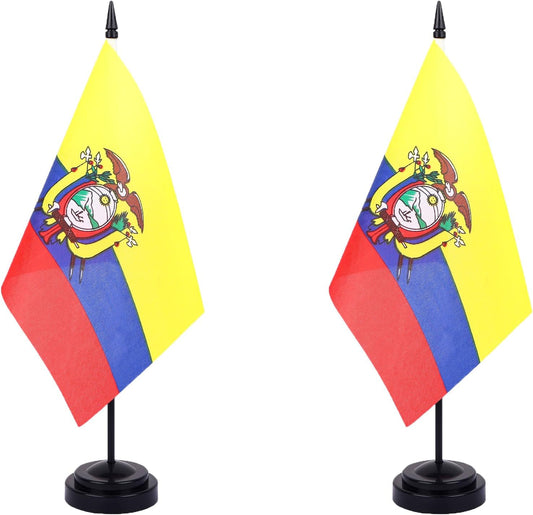 Ecuador Desk Flag 12" Solid Pole Deluxe Set Ecuadorians Flags Banner Mini Small Ecuador Office Table Flags with Black Stand Base Desktop Decorations(2Pack)