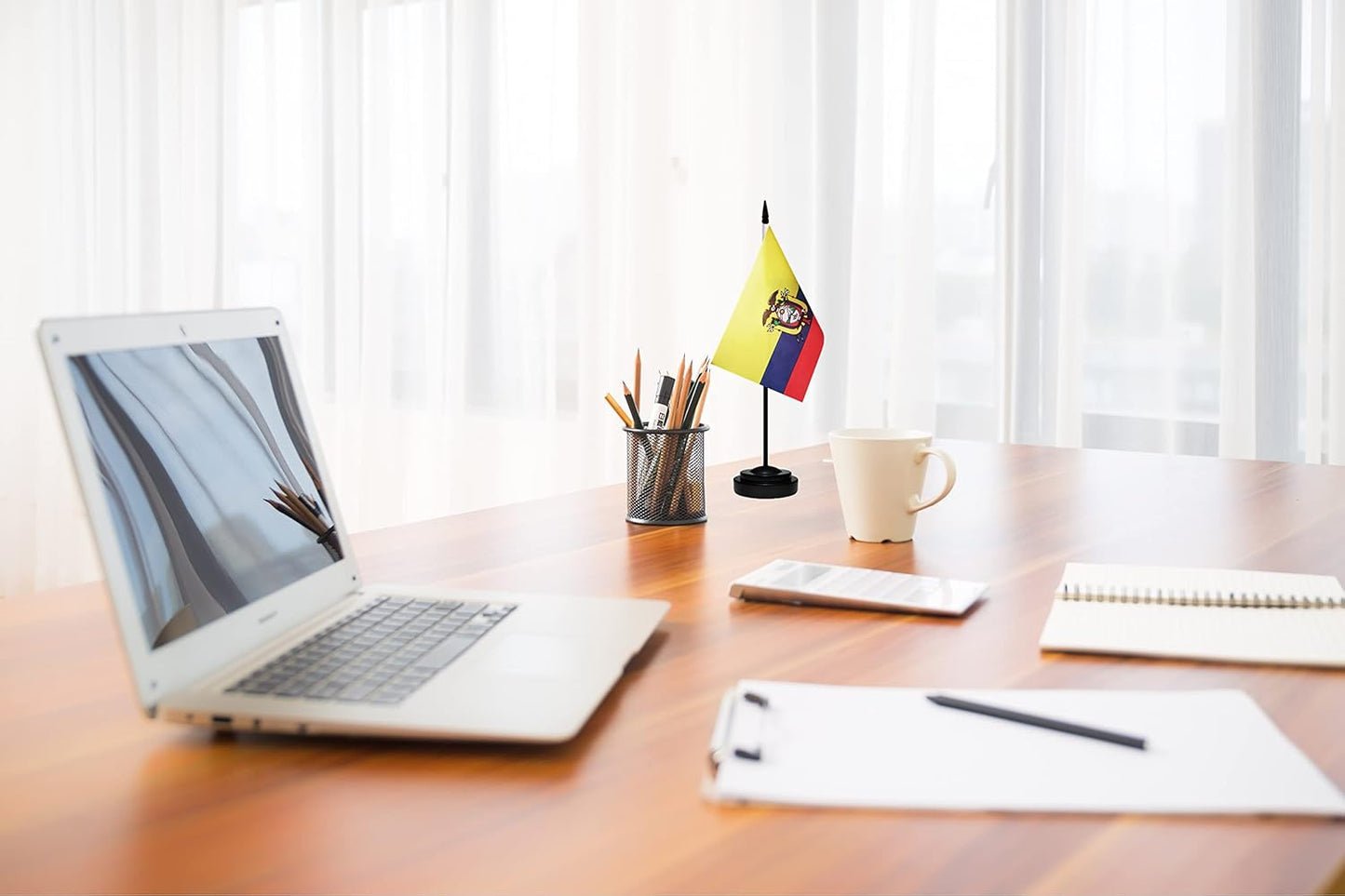 Ecuador Ecuadorian Deluxe Desk Flag Set Small Mini Miniature Ecuador Ecuadorian Table Desktop Flags With Solid Pole, Black Base and Spear Top(2 Pack)