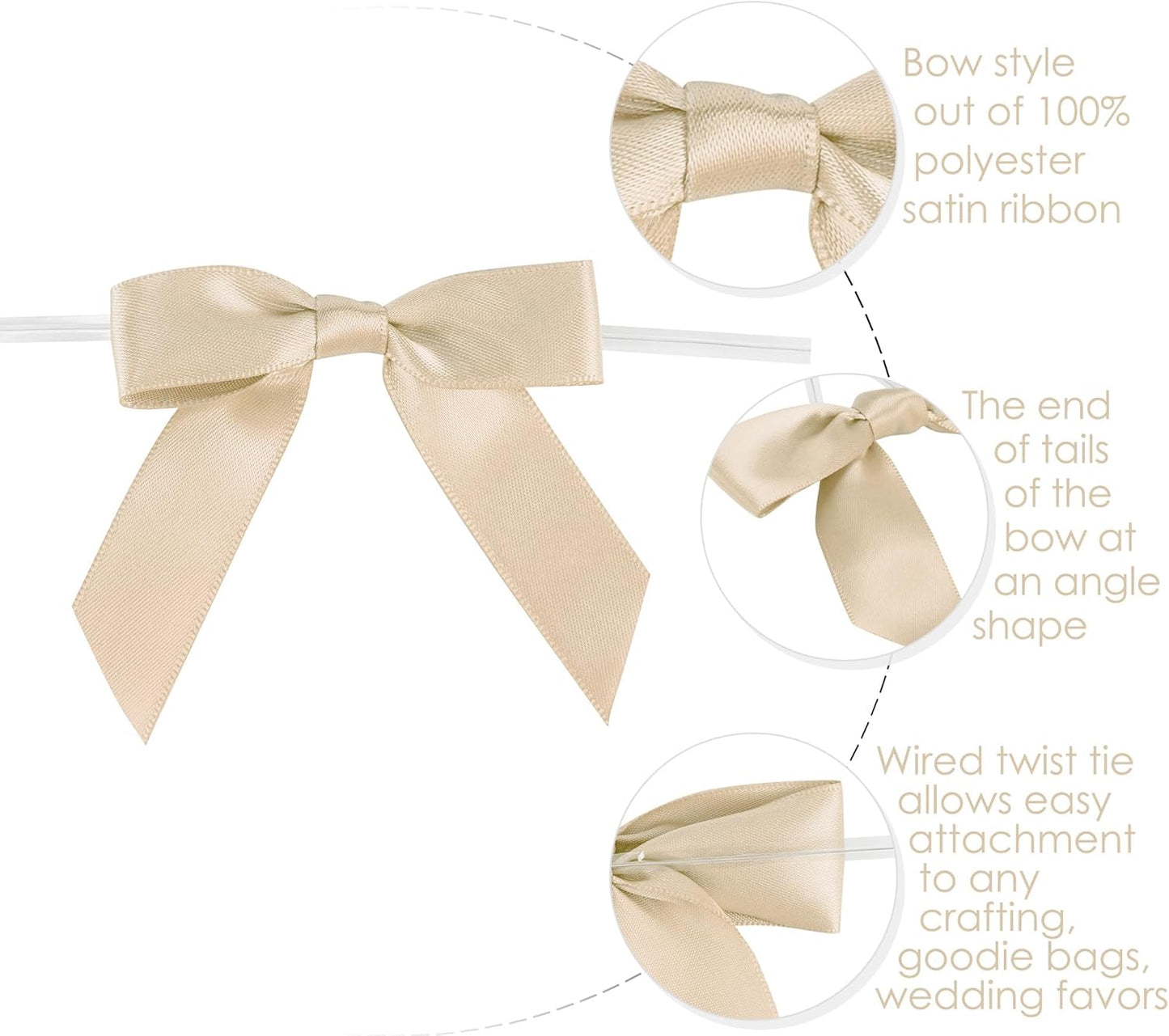 AIMUDI Small Champagne Christmas Bows 2.5" Premade Satin Ribbon Twist Tie Bows for Treat Bags Mini Bows for Christams Tree Ornaments Ribbon for Cake Pops Bows for Wedding Decor Gift Wrap- 50 Counts