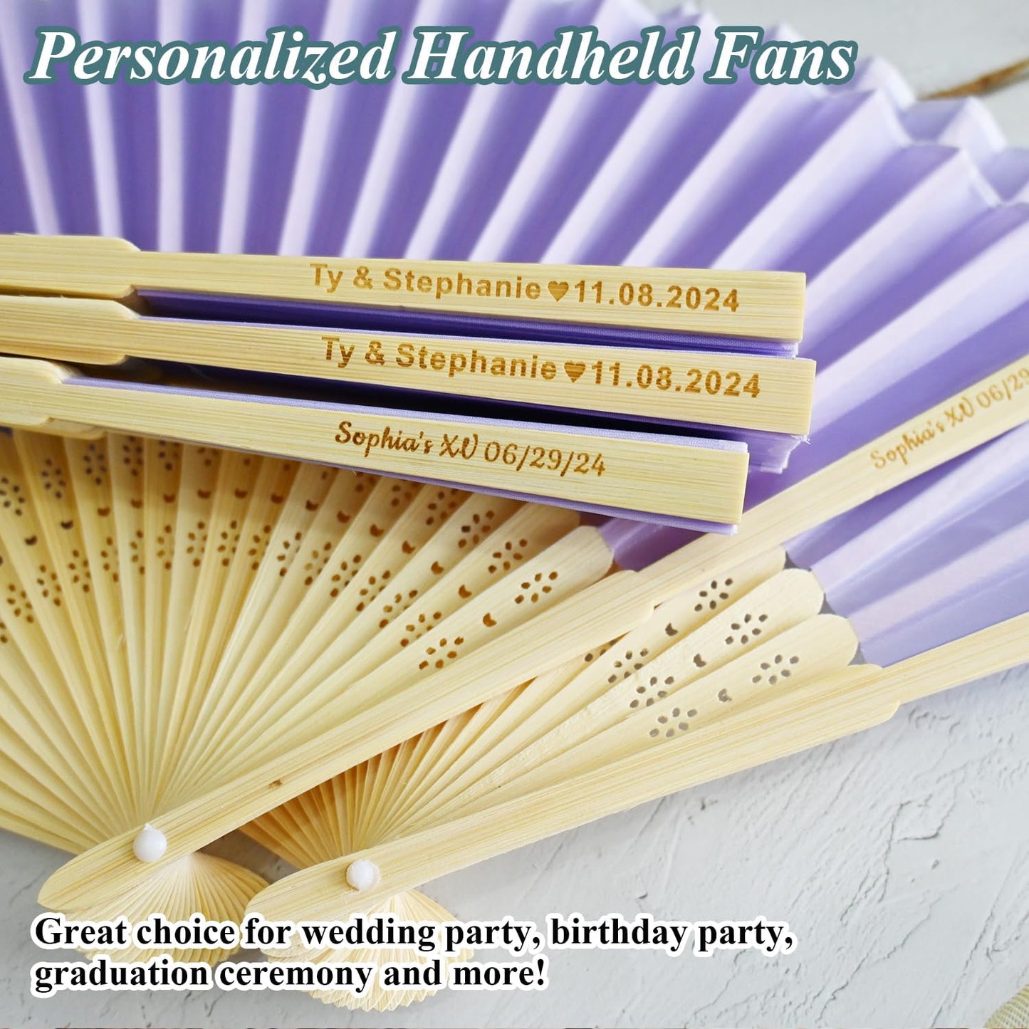 50pcs Personalized Purple Folded Hand Fans, Custom Folding Hand Fans for Wedding Guests, Wedding Gift Party Favors Church Fans Handheld, Birthday Party Supplies Bridal Shower Gifts