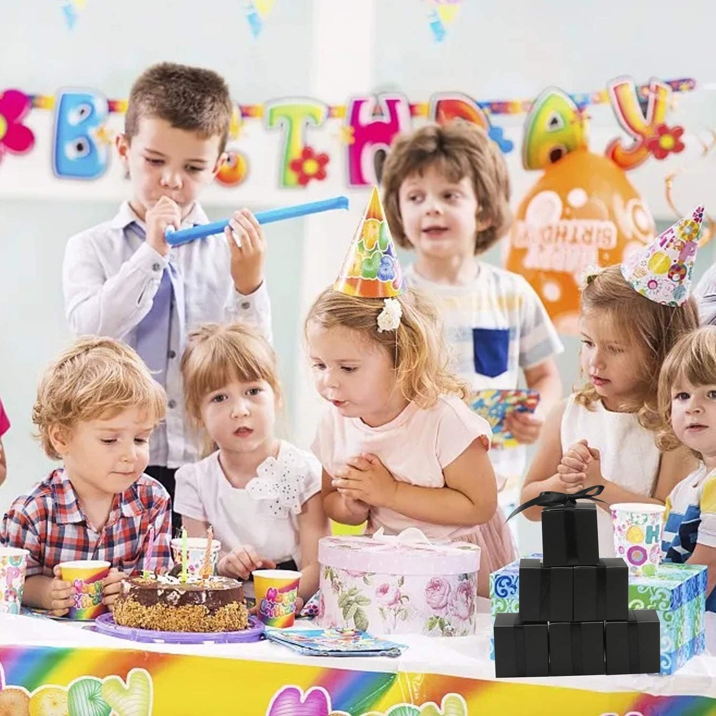 COTOPHER 60pcs Wedding Favor Boxes, Paper Gift Boxes 3x3x3 Inches Small Gift Boxes with Ribbons, Easy Assemble Boxes (Black)