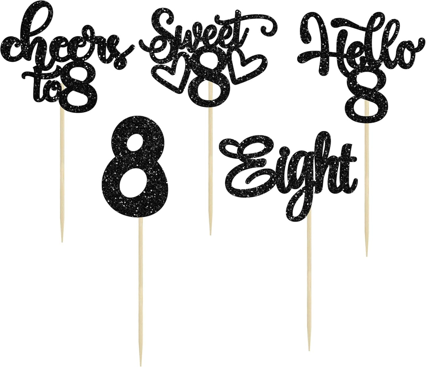 30Pcs 8th Birthday Cupcake Toppers Glitter Eight Hello 8 Cupcake Picks Cheers to 8 Years Old Cake Decorations for 8th Birthday Party Supplies Black