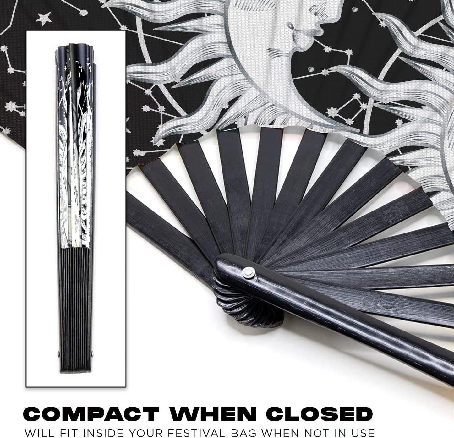 GloFX Rave Sun & Moon - Large Folding Fan - Music Festival Essential, EDM Rave Accessories, Folding Hand Fan, Clack Fan