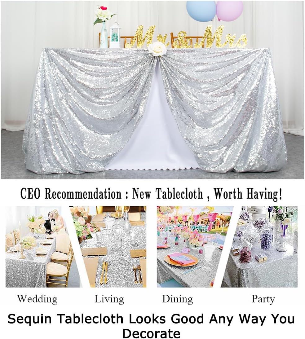 ShinyBeauty 2 Pack 72x72 Inch Silver Sequin Tablecloths - Elegant Square Glitter Tablecloth for Wedding, Birthday, and Party Decorations