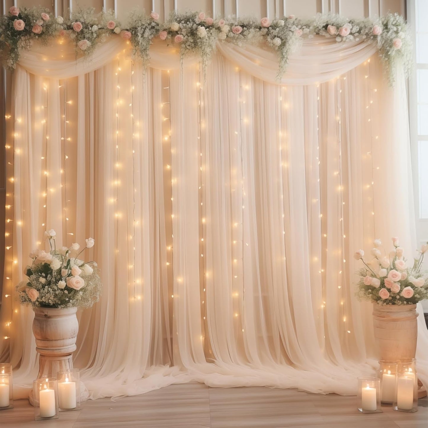 20×10ft Champagne Tulle Backdrop Curtain with Lights String for Parties, Sheer Curtain Backdrop Drapes for Wedding Party Photography Background