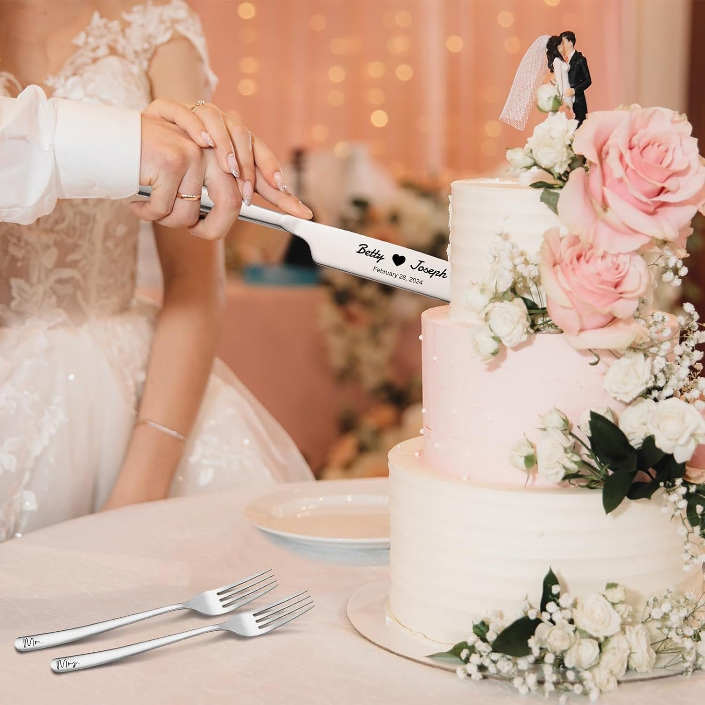 Personalized Wedding Cake Knife and Server Set Stainless Steel Forks Cake Cutter Server Engraved Cake Cutting Set for Wedding Anniversary Engagement Birthday Gifts