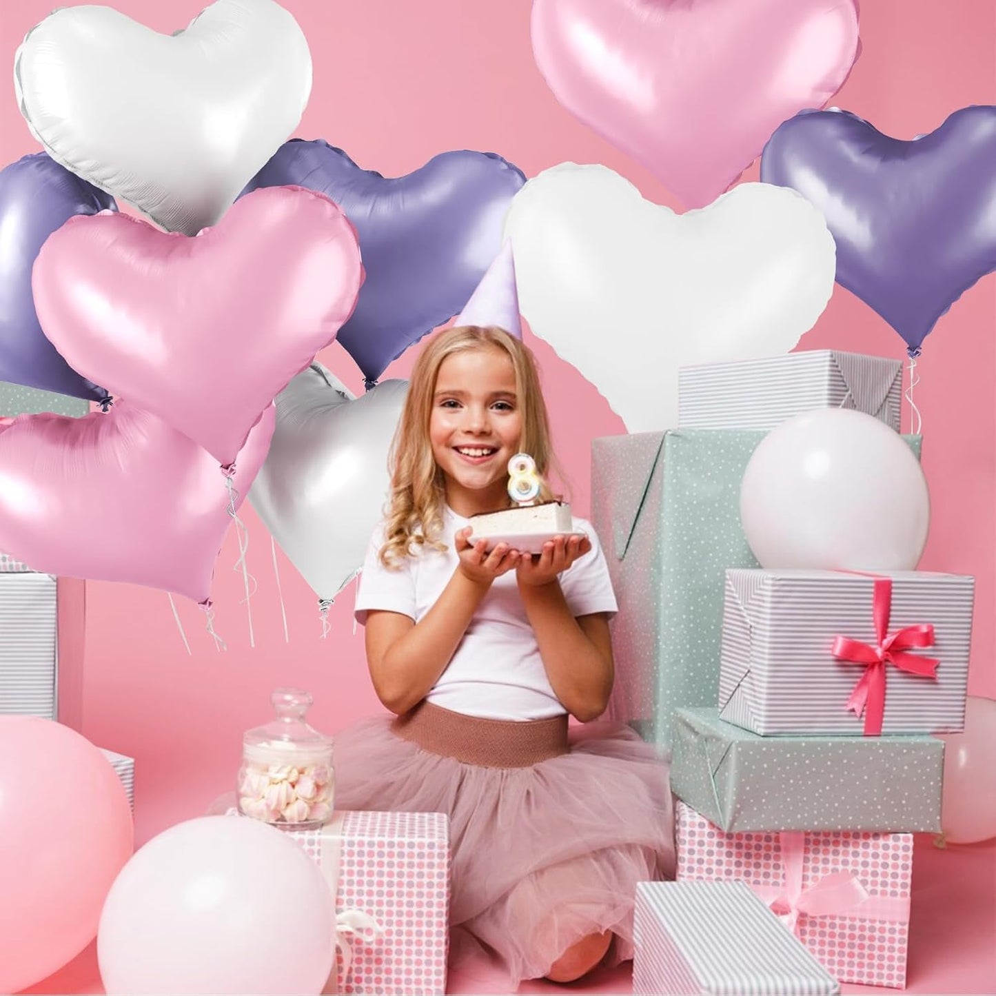 24 Inch Pink Purple White Heart Balloons, Pink Purple Heart Shaped Foil Balloons, Heart Balloon for Girls Women Valentines Day Bridal Shower Wedding Birthday Party Supplies