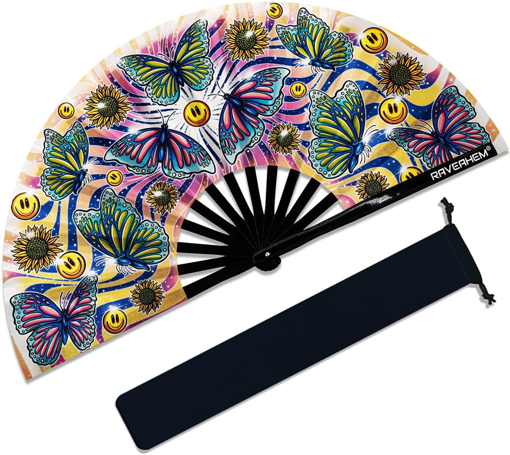 13" Large Rave Fan Bamboo, Folding Clack Hand Fans Foldable for Men Women, Boots on the Ground Poping Fan for EDM Festival Line Dance Decoration, (Butterfly, Large 13")
