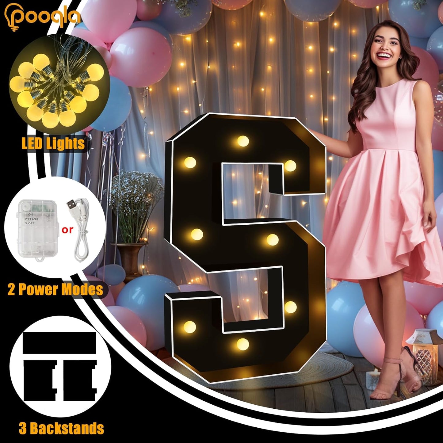 Pooqla 3FT Marquee Light Up Letters, Black LED Party Decor Large Marquee Letters 3 Feet Tall, Giant Mosaic Letter for Birthday Graduation Anniversary Wedding Decoration, Letter A