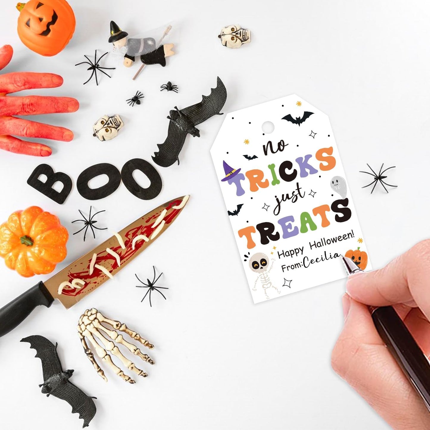 Aukolass 50pcs Trick Or Treat Favor Tags, Happy Halloween Day Gift Tags and Gift Wrapping Decoration(Treats)