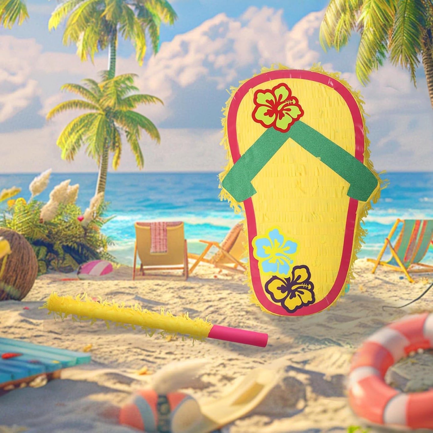 Sandal Pinatas Bundle with a Blindfold and a Bat(17 x 12 x 4 Inches), Perfect for kid's Birthday Parties, Summer Theme Parties and Decorations