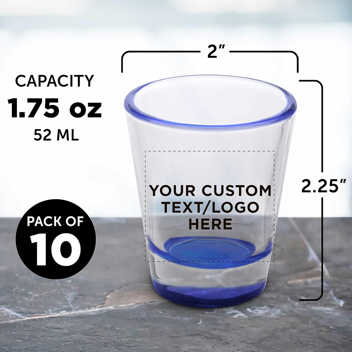 Custom Shot Glasses 1.75 oz. Set of 10, Personalized Bulk Pack - Great for Wedding Favors, Bachelorette Party Decorations, Party Fovors, Color Bottom - Blue