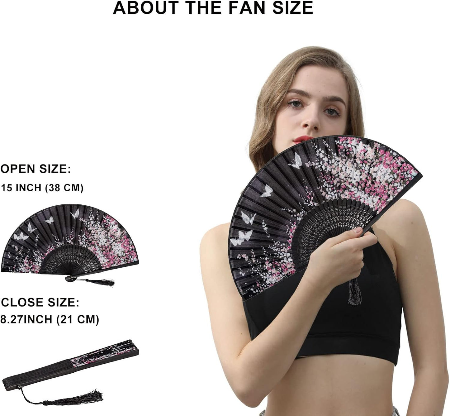 Amajiji 8.27"(21cm) Hand Held Bamboo Silk Folding Fan Hand Fan,Chinese/Japanese Charming Elegant Vintage Retro Style,Women Ladys Girls Best Gifts (Black Butterfly)