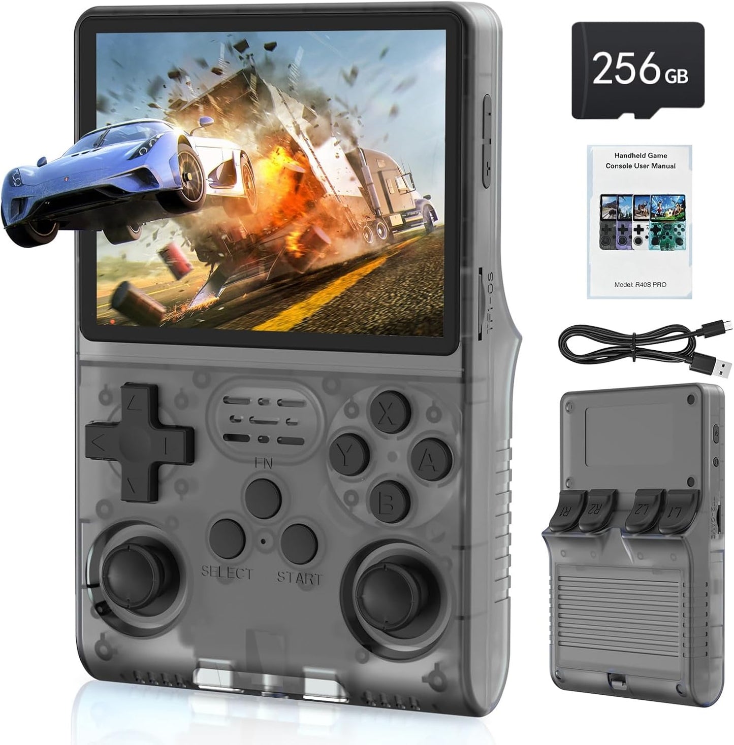 FVBADE[30000 in 1] R40S PRO Handheld Game Console 3.5 inch IPS Screen Mini Retro Console 3800mAh Portable Pocket Arcade 45+ Mainstream Emulator 256G TF Card Transparent.(Black)