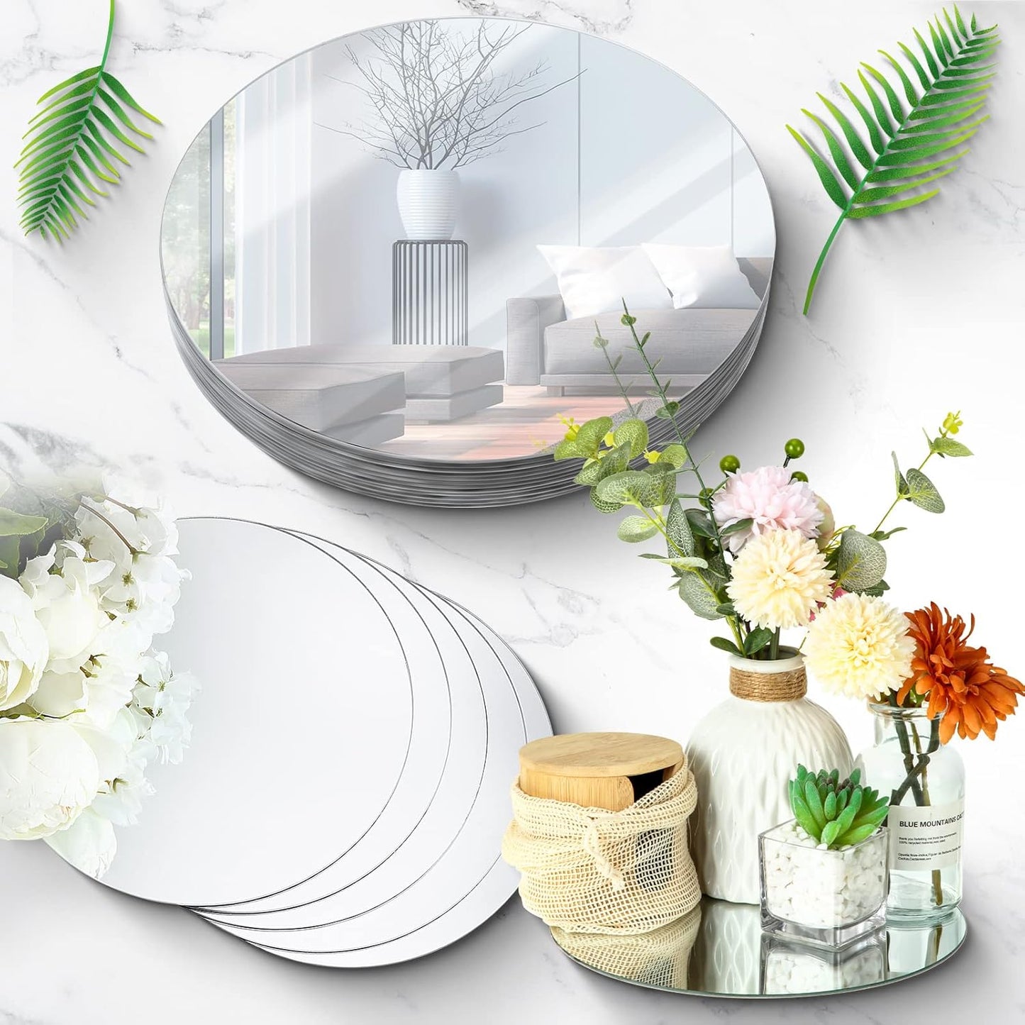 Tuanse 18 Pcs Round Mirror Candle Plate Set Round Trays Circle Centerpieces for Tables Mirror Plate Party Tiles for Wedding Decor Crafts Christmas Decorations(10 Inch)