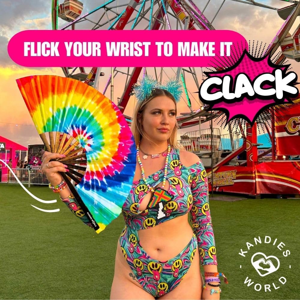 Kandies World UV Reactive Custom Festival Folding Hand Fan - Unique Designs, Made of Bamboo, Clacking Sound, Lightweight - Perfect Rave and Festival Accessory!