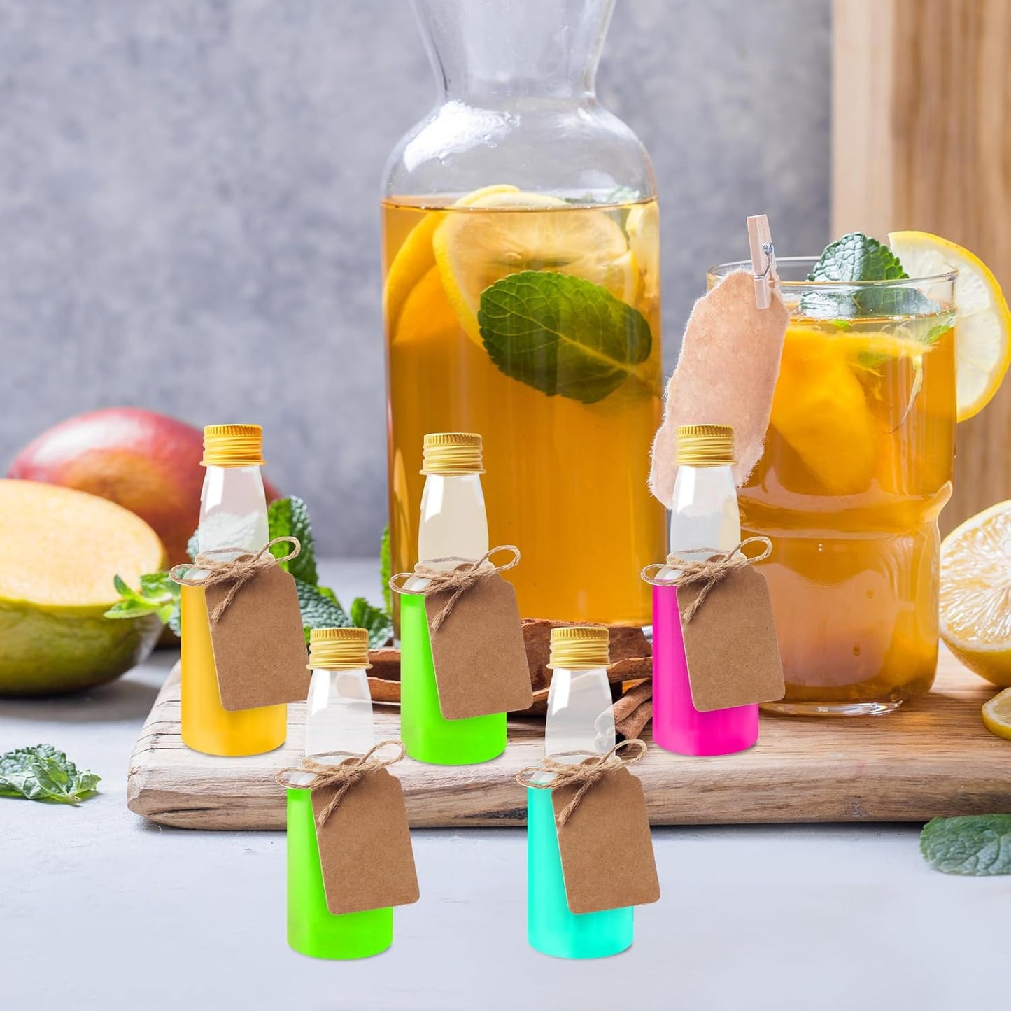 96 Pcs Mini Liquor Bottles Set, 30 Pcs 2oz Plastic Alcohol Bottles with Gold Cap, 30pcs Kraft Tags and 6pcs Funnels with 30pcs Ropes, Miniature Bottle Bulk for Wedding Birthday Christmas Party Favor