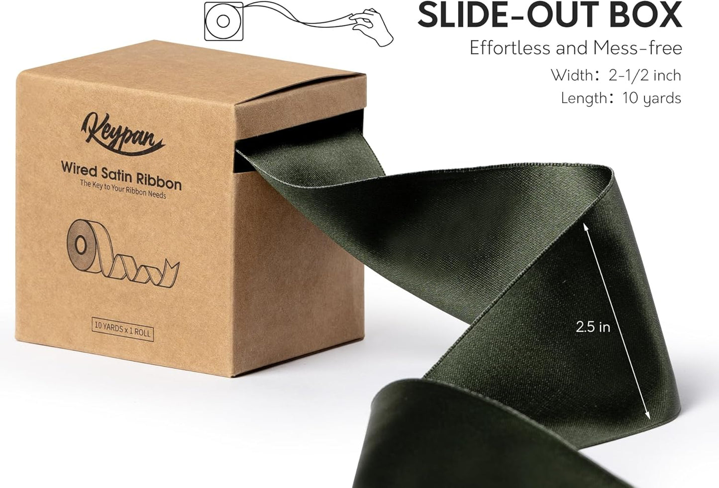 Moss Green Satin Ribbon Double-Faced Wired Ribbons for Gift Wrapping Flower Bouquet Bows Wedding Invitation Christmas Decor Crafts 2-1/2 Inch 10 Yards