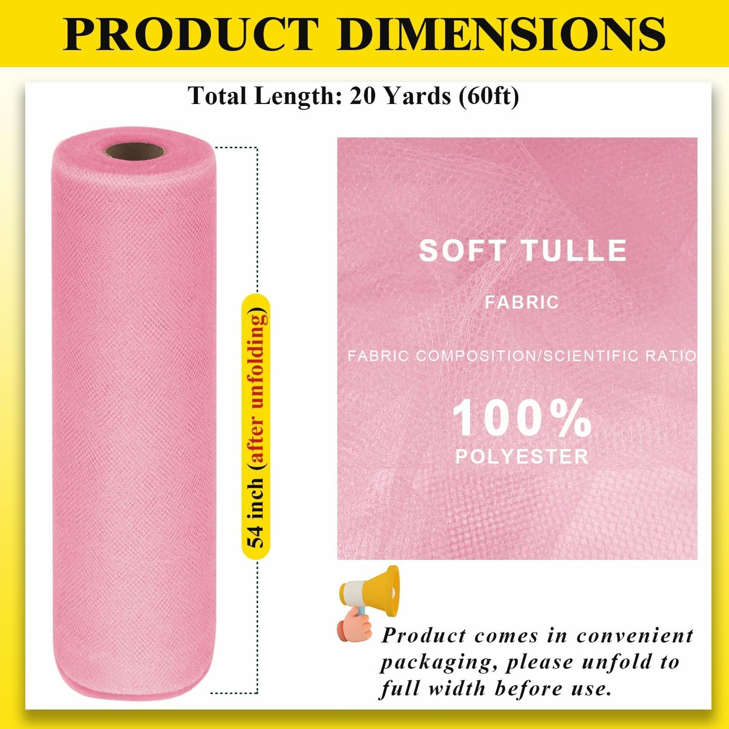 54" x 20 Yards Pink Tulle Fabric Rolls - Tutu Spool Bolt for DIY Wedding Decoration, Baby Shower Tutu Skirt, Gift Wrapping - Large Matte Tulle, Roll Packaging