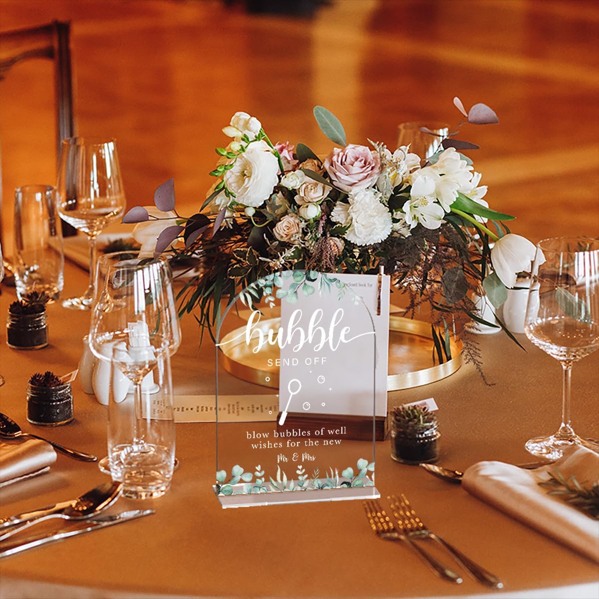 Acrylic Wedding Sign Bubble Send Off Signs for Ceremony Modern Calligraphy Arch Acrylic Table Top Signs for Wedding Reception and Event Party Table Decor (Eucalyptus Leaves)