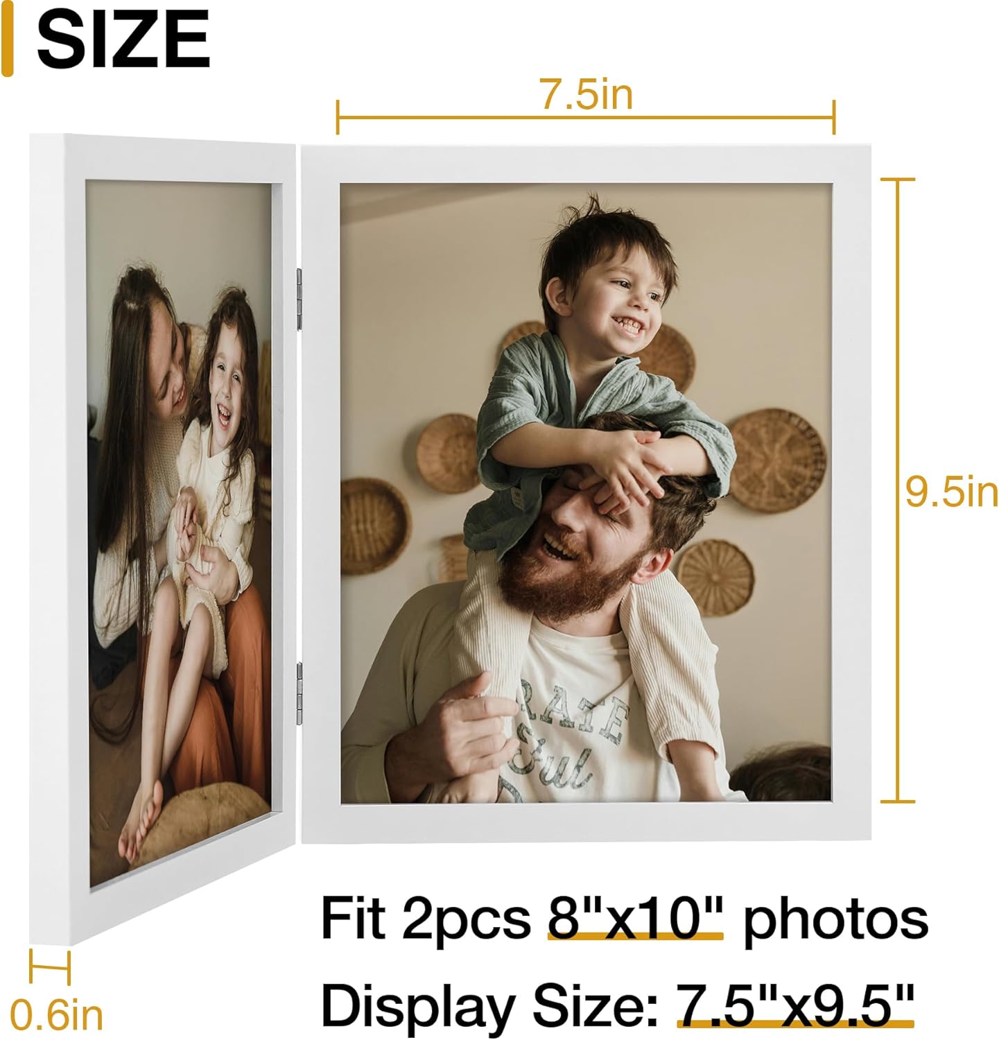 decorUhome Double 8x10 Picture Frame Vertical, Engineered Wood Bifold Photo Frame with Plexiglass for Tabletop Display, 8x10, White