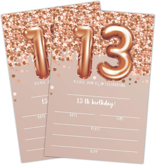 13th Birthday Invitation Cards, Rose Gold Glitter 13th Birthday Party Invites, Kids Happy Birthday Party Decorations Supplies, 20 Fill-in Cards with Envelopes for Boys or Girls Party Celebration - C05