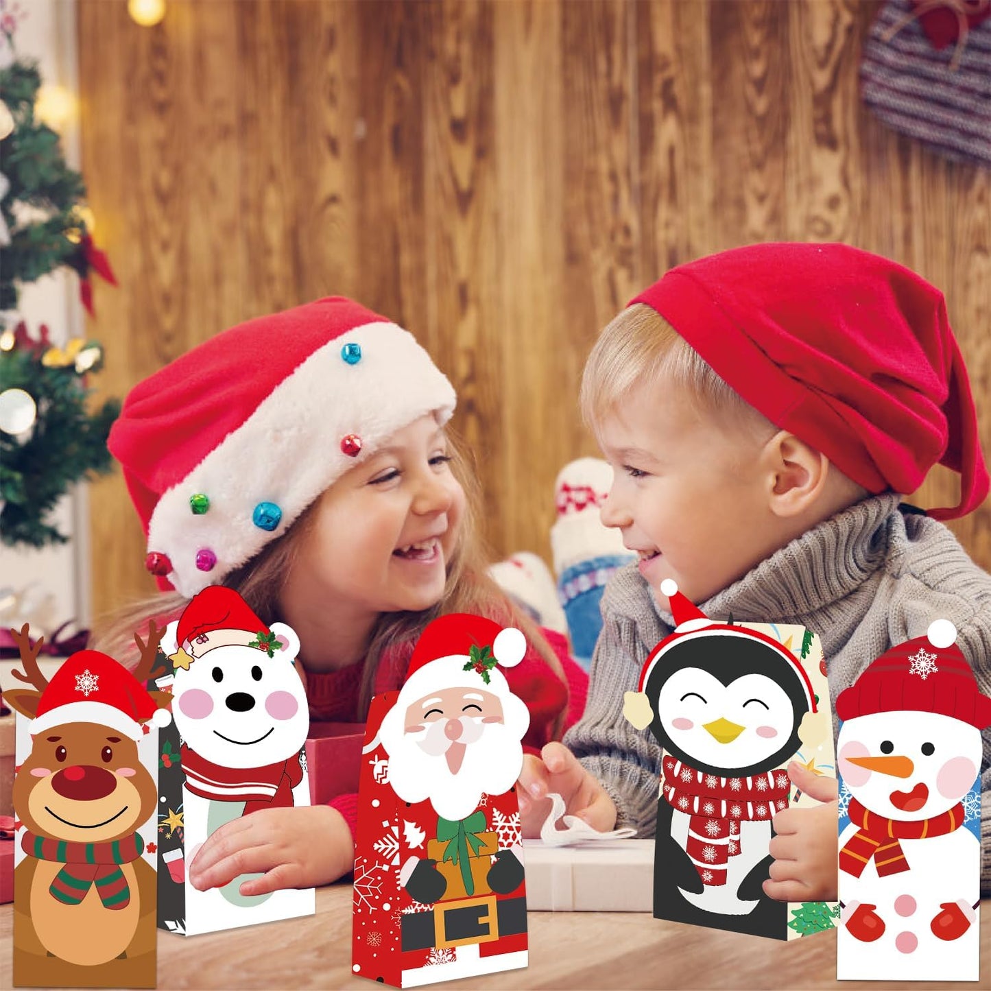 24PCS Christmas Treat Bags, 24PCS Christmas Stickers, Xmas Cookies Wrapping Gift for Classrooms Holiday Party Supplies