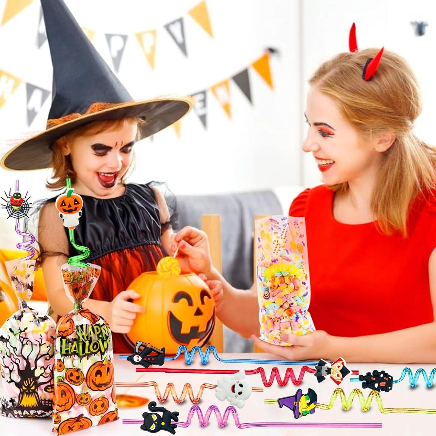 24 PCS Reusable Straws for Halloween Theme Party Birthday Decorations with 2 PCS Cleaning Brushes (Halloween Pumpkin)