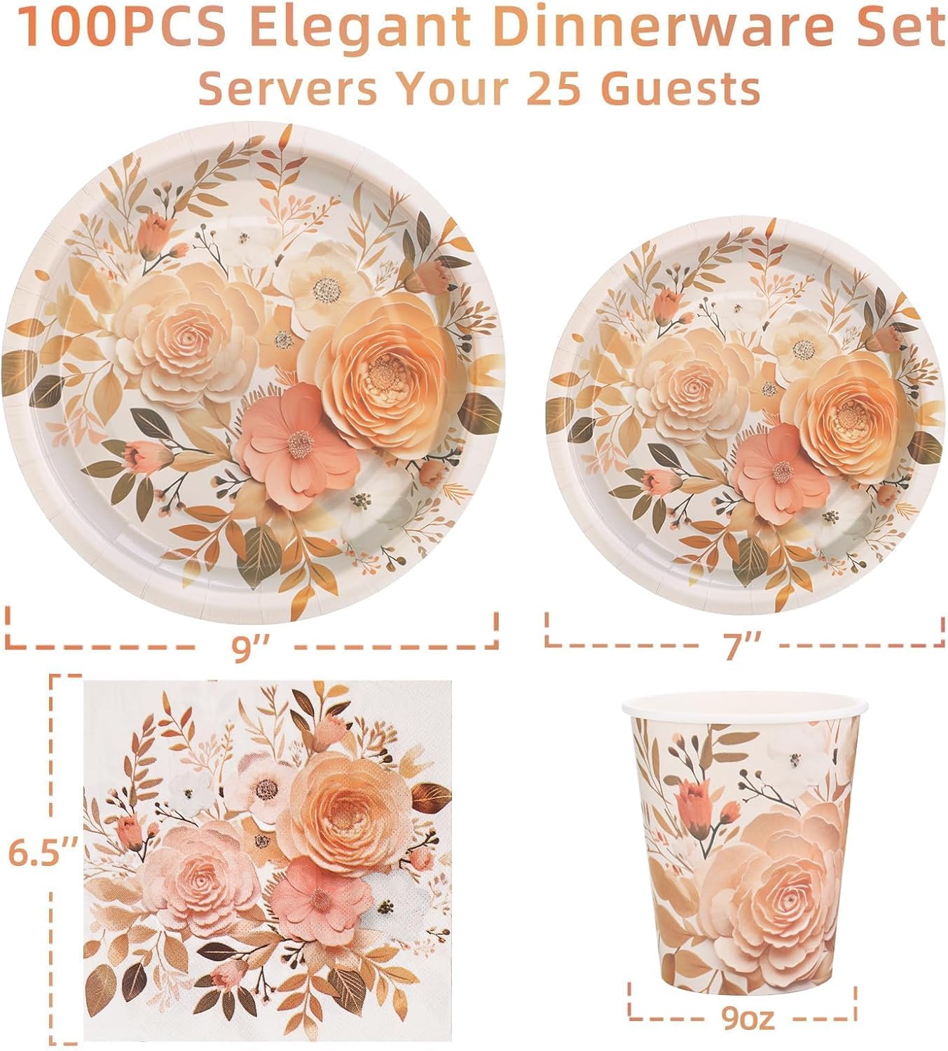 Boho Plates and Napkins Sets for 25 Guests, Floral Birthday Party supplies for Boho Fall Party Decorations