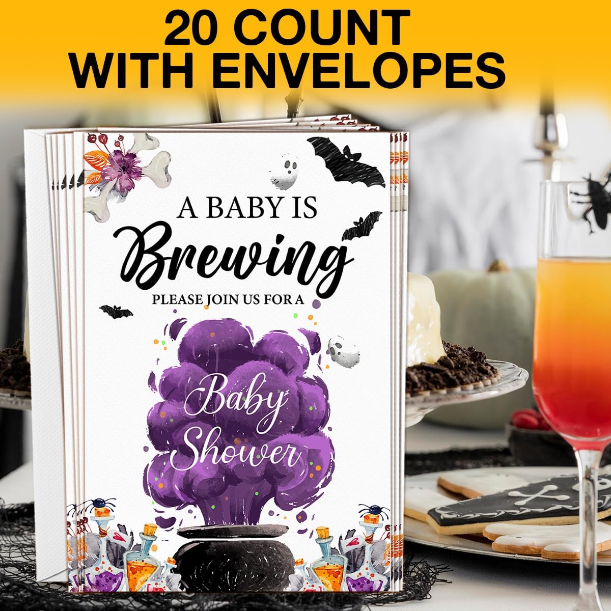 Halloween Baby Shower Party Invitations, a Baby Is Brewing Baby Shower Wizard Brewing Halloween Party Fill in Invites Cards With Envelopes (20 Count), Double Sided Design