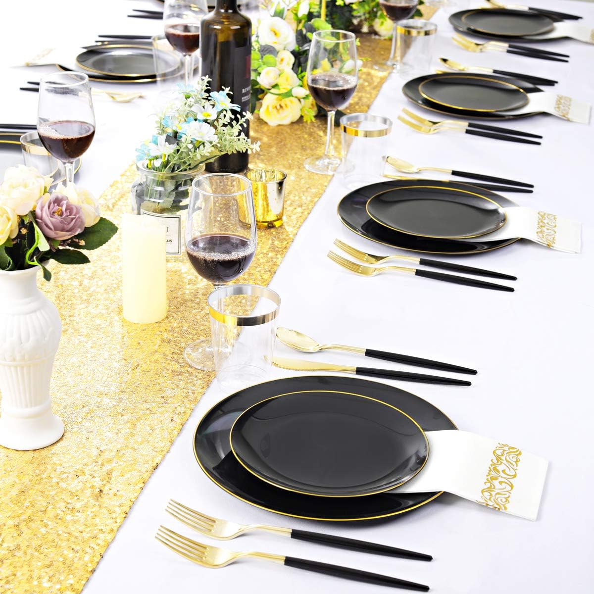 Supernal 350pcs Black Plastic Dinnerware Set - Black and Gold Plastic Plates, Gold Silverware Set, Wedding Party Plate, Cups Prefect for Halloween, Thanksgiving, Christmas Party and New Year