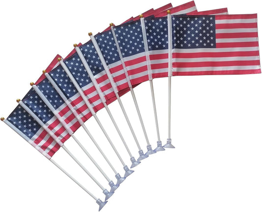 American Mini Flags with Suction Cup Handheld US Small Flags for Office Store Party Gardens Yards (single sided (set of 10))