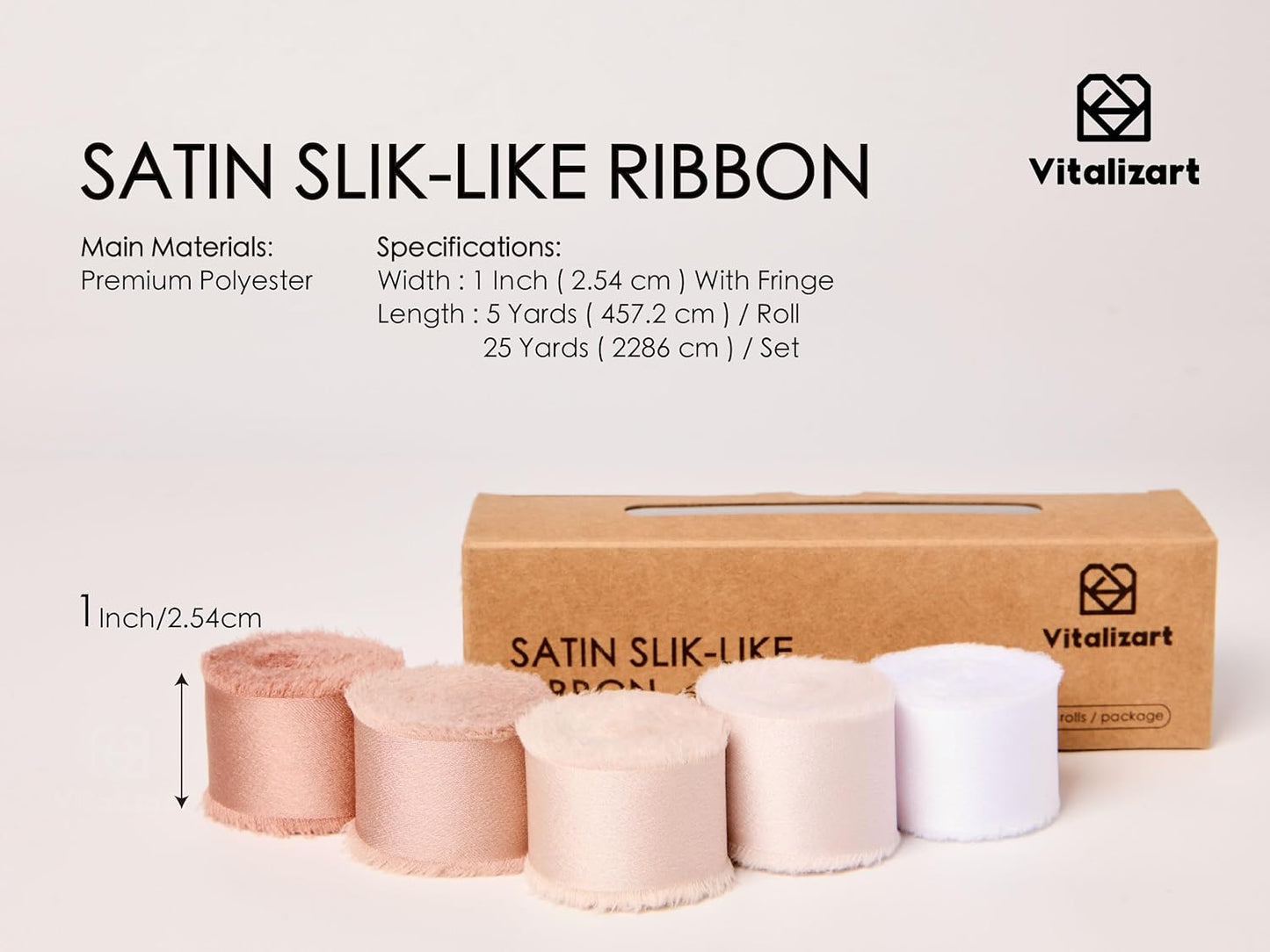 Vitalizart Silk Like Satin Ribbon 1 inch x 25 Yard Nude & White Handmade Frayed Ribbons for Gift Wrapping Baby Shower Wedding Bridal Bouquets Holiday Decor