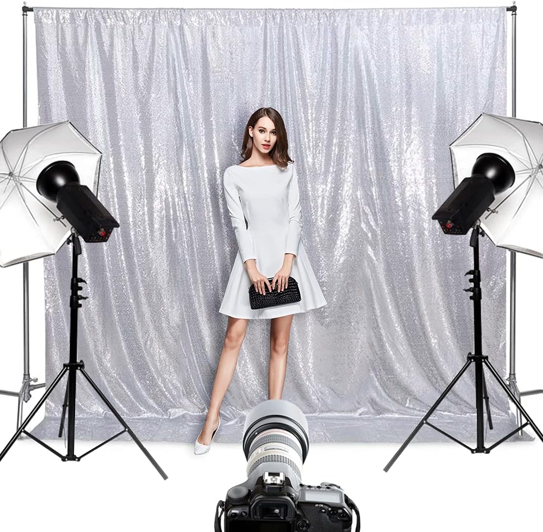 Poise3EHome 8Ft x 8Ft Silver Sequin Backdrop, Glitter Thick Satin Background Drapes, Sparkly Opaque Photography Curtain Backdrop for Wedding Party Festival Decor