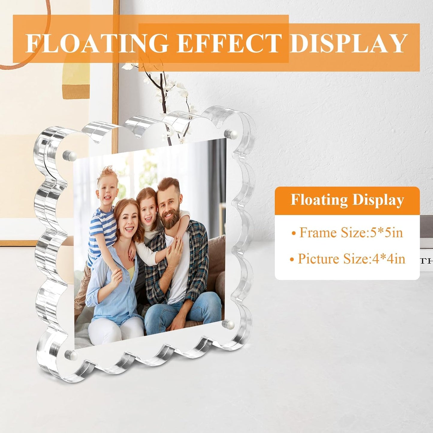 Clear Picture Frames 3Pack - Acrylic Magnetic Photo Frame 4×4 Inch, Double Sided Magnet Frames with Scalloped Edges, 10+10mm Thick Freestanding Gift for Office/Home(Clear, 4x4)