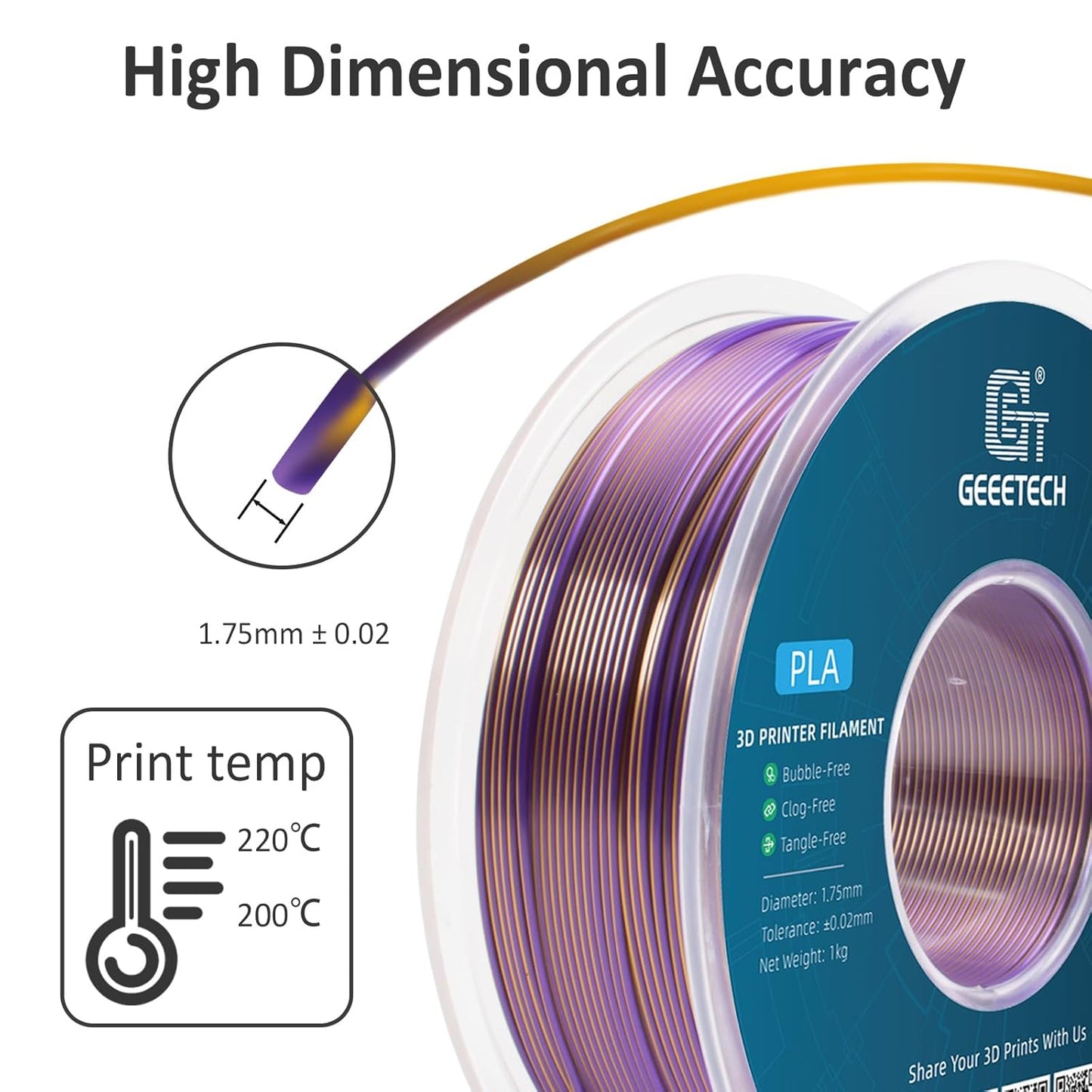 Geeetech Silk PLA Filament 1.75mm Silk Dual Color Filament, Coextrusion Dichromatic Metal-Like Shiny Consumable 1kg (2.2lbs) 1 Spool, Dimensional Accuracy +/- 0.02 mm, Gold Purple