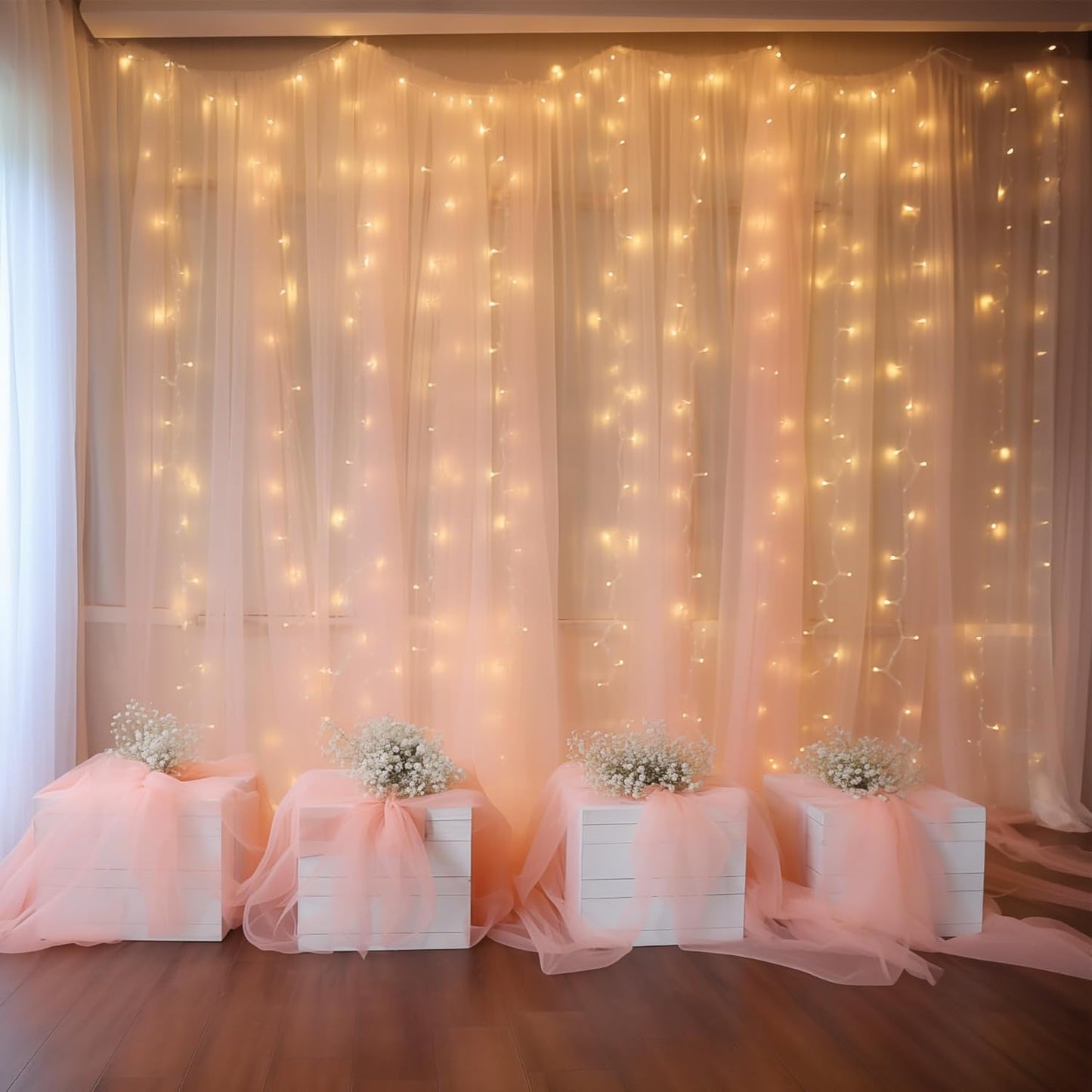 20×10ft Peach Tulle Backdrop Curtain with Lights String for Parties, Sheer Photo Curtain Backdrop Drapes for Wedding Party Photography Decorations