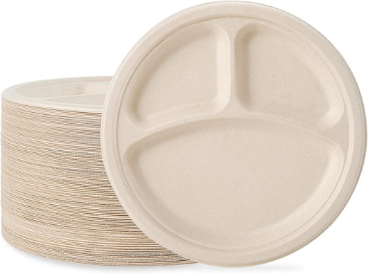 ECOLipak 125 Pack 3 Compartment Plates Disposable, 10 inch Heavy-Duty Compostable Paper Plates Made of Eco-Friendly Sugar Cane Fibers