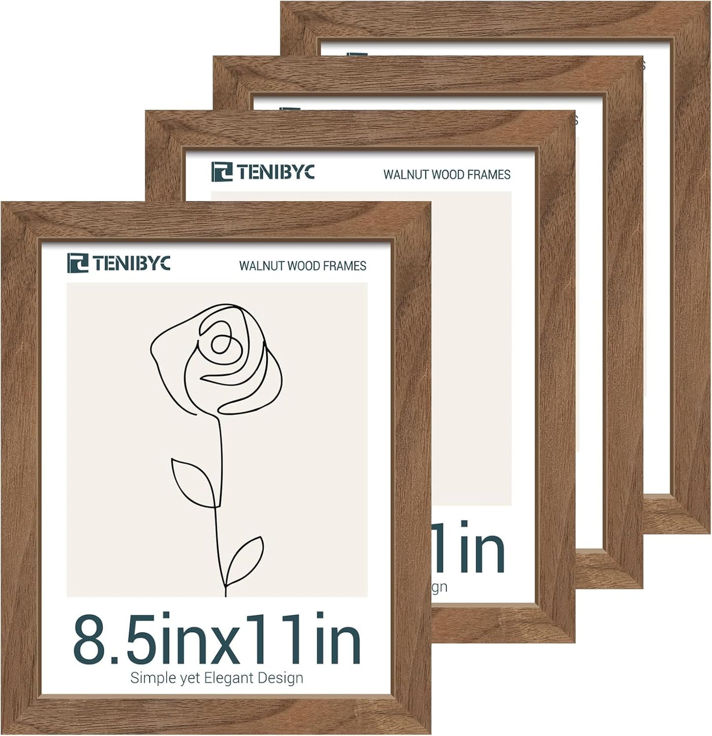 8.5 by 11 Picture Frame Brown - 4 Pack, Walnut Wood Grain, HD Tempered Glass, Suitable for Certificate Document, Wall or Tabletop Photo Frame