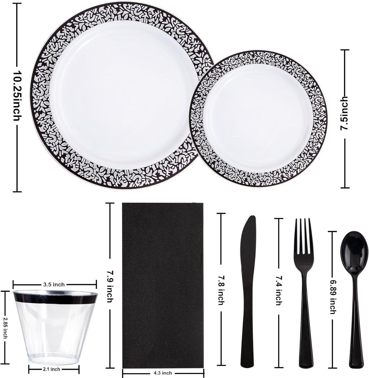 WELLIFE 350Pcs Black Plastic Dinnerware and Napkins Party Supplies Include:50 Dinner Plates, 50 Dessert Plates, 50 Napkins, 50 Cups and 50 Plastic Cutlery